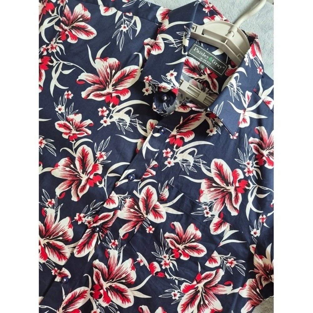Paisley & Gray Button Down Mens Large Navy Floral Slim Fit Long Sleeve Shirt